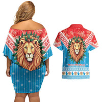 Luxembourg Christmas Couples Matching Off Shoulder Short Dress and Hawaiian Shirt Schei Chreschtdeeg Xmas Pattern - Wonder Print Shop
