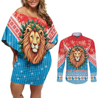Luxembourg Christmas Couples Matching Off Shoulder Short Dress and Long Sleeve Button Shirt Schei Chreschtdeeg Xmas Pattern - Wonder Print Shop