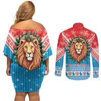 Luxembourg Christmas Couples Matching Off Shoulder Short Dress and Long Sleeve Button Shirt Schei Chreschtdeeg Xmas Pattern - Wonder Print Shop