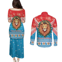 Luxembourg Christmas Couples Matching Puletasi and Long Sleeve Button Shirt Schei Chreschtdeeg Xmas Pattern - Wonder Print Shop