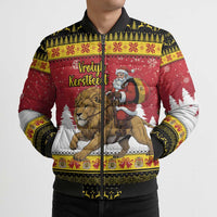 Belgium Christmas Personalized Bomber Puffer Jacket Santa Riding Lion - Wonder Print Shop
