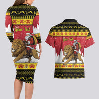 Belgium Christmas Personalized Couples Matching Long Sleeve Bodycon Dress and Hawaiian Shirt Santa Riding Lion - Wonder Print Shop