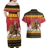 Belgium Christmas Personalized Couples Matching Off Shoulder Maxi Dress and Hawaiian Shirt Santa Riding Lion - Wonder Print Shop