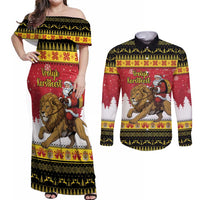 Belgium Christmas Personalized Couples Matching Off Shoulder Maxi Dress and Long Sleeve Button Shirt Santa Riding Lion - Wonder Print Shop