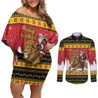 Belgium Christmas Personalized Couples Matching Off Shoulder Short Dress and Long Sleeve Button Shirt Santa Riding Lion - Wonder Print Shop