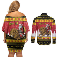 Belgium Christmas Personalized Couples Matching Off Shoulder Short Dress and Long Sleeve Button Shirt Santa Riding Lion - Wonder Print Shop
