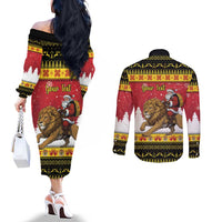Belgium Christmas Personalized Couples Matching Off The Shoulder Long Sleeve Dress and Long Sleeve Button Shirt Santa Riding Lion - Wonder Print Shop