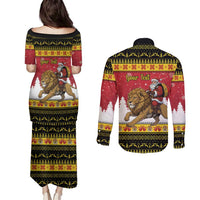 Belgium Christmas Personalized Couples Matching Puletasi and Long Sleeve Button Shirt Santa Riding Lion - Wonder Print Shop