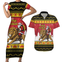 Belgium Christmas Personalized Couples Matching Short Sleeve Bodycon Dress and Hawaiian Shirt Santa Riding Lion - Wonder Print Shop
