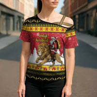 Belgium Christmas Personalized Cross Shoulder Shirt Santa Riding Lion - Wonder Print Shop