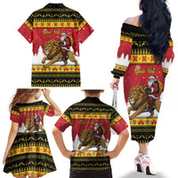 Belgium Christmas Personalized Family Matching Off The Shoulder Long Sleeve Dress and Hawaiian Shirt Santa Riding Lion - Wonder Print Shop