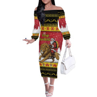 Belgium Christmas Personalized Family Matching Off The Shoulder Long Sleeve Dress and Hawaiian Shirt Santa Riding Lion - Wonder Print Shop