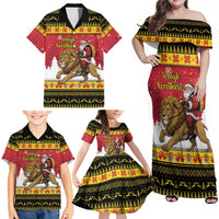 Belgium Christmas Personalized Family Matching Off Shoulder Maxi Dress and Hawaiian Shirt Santa Riding Lion - Wonder Print Shop