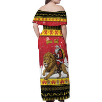 Belgium Christmas Personalized Family Matching Off Shoulder Maxi Dress and Hawaiian Shirt Santa Riding Lion - Wonder Print Shop