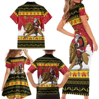 Belgium Christmas Personalized Family Matching Short Sleeve Bodycon Dress and Hawaiian Shirt Santa Riding Lion - Wonder Print Shop