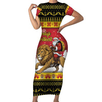 Belgium Christmas Personalized Family Matching Short Sleeve Bodycon Dress and Hawaiian Shirt Santa Riding Lion - Wonder Print Shop