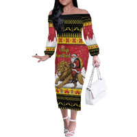 Belgium Christmas Personalized Off The Shoulder Long Sleeve Dress Santa Riding Lion - Wonder Print Shop