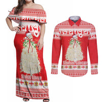 Georgia Christmas Chichilaki Couples Matching Off Shoulder Maxi Dress and Long Sleeve Button Shirt Celebrate Georgian Tradition - Wonder Print Shop