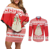 Georgia Christmas Chichilaki Couples Matching Off Shoulder Short Dress and Long Sleeve Button Shirt Celebrate Georgian Tradition - Wonder Print Shop