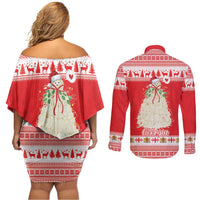 Georgia Christmas Chichilaki Couples Matching Off Shoulder Short Dress and Long Sleeve Button Shirt Celebrate Georgian Tradition - Wonder Print Shop