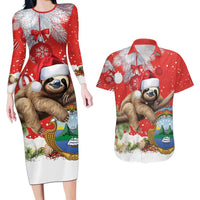 Christmas Costa Rica Couples Matching Long Sleeve Bodycon Dress and Hawaiian Shirt A Cheerful Sloth Wearing a Santa Hat - Wonder Print Shop