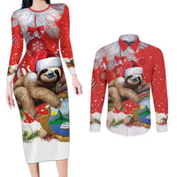 Christmas Costa Rica Couples Matching Long Sleeve Bodycon Dress and Long Sleeve Button Shirt A Cheerful Sloth Wearing a Santa Hat - Wonder Print Shop