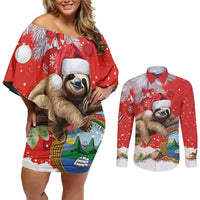 Christmas Costa Rica Couples Matching Off Shoulder Short Dress and Long Sleeve Button Shirt A Cheerful Sloth Wearing a Santa Hat - Wonder Print Shop