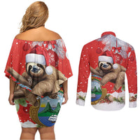 Christmas Costa Rica Couples Matching Off Shoulder Short Dress and Long Sleeve Button Shirt A Cheerful Sloth Wearing a Santa Hat - Wonder Print Shop