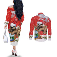Christmas Costa Rica Couples Matching Off The Shoulder Long Sleeve Dress and Long Sleeve Button Shirt A Cheerful Sloth Wearing a Santa Hat