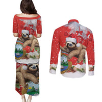 Christmas Costa Rica Couples Matching Puletasi and Long Sleeve Button Shirt A Cheerful Sloth Wearing a Santa Hat - Wonder Print Shop