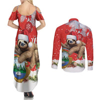 Christmas Costa Rica Couples Matching Summer Maxi Dress and Long Sleeve Button Shirt A Cheerful Sloth Wearing a Santa Hat - Wonder Print Shop