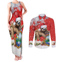 Christmas Costa Rica Couples Matching Tank Maxi Dress and Long Sleeve Button Shirt A Cheerful Sloth Wearing a Santa Hat - Wonder Print Shop