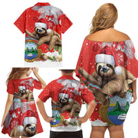 Christmas Costa Rica Family Matching Off Shoulder Short Dress and Hawaiian Shirt A Cheerful Sloth Wearing a Santa Hat - Wonder Print Shop