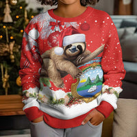 Costa Rica Christmas Kid Ugly Christmas Sweater A Cheerful Sloth Wearing a Santa Hat - Wonder Print Shop