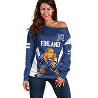 Custom Finland Hockey Off Shoulder Sweater Suomi Leijonat Mascot - Wonder Print Shop