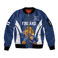 Custom Finland Hockey Sleeve Zip Bomber Jacket Suomi Leijonat Mascot - Wonder Print Shop