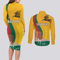 Personalized Lithuania Independence Restoration Day Couples Matching Long Sleeve Bodycon Dress and Long Sleeve Button Shirt Gediminas Tower Flag Style