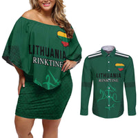 Custom Lithuania Football Couples Matching Off Shoulder Short Dress and Long Sleeve Button Shirt Vytis Lithuanian Lietuva Green Version