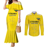 Custom Lithuania Football Couples Matching Mermaid Dress and Long Sleeve Button Shirt Vytis Lithuanian Lietuva Yellow Version