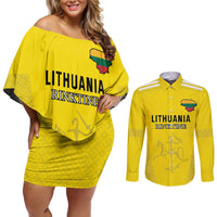 Custom Lithuania Football Couples Matching Off Shoulder Short Dress and Long Sleeve Button Shirt Vytis Lithuanian Lietuva Yellow Version