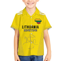 Custom Lithuania Football Family Matching Off The Shoulder Long Sleeve Dress and Hawaiian Shirt Vytis Lithuanian Lietuva Yellow Version