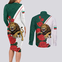 Bulgaria Lion Couples Matching Long Sleeve Bodycon Dress and Long Sleeve Button Shirt Folk Patterns With Rose