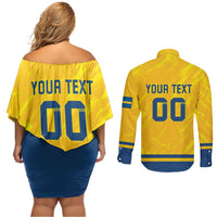 Custom Sweden Hockey Couples Matching Off Shoulder Short Dress and Long Sleeve Button Shirt Tre Kronor Go Champions