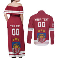 Custom Latvia Hockey Couples Matching Off Shoulder Maxi Dress and Long Sleeve Button Shirt Latvijas Go Champions