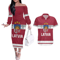 Custom Latvia Hockey Couples Matching Off The Shoulder Long Sleeve Dress and Hawaiian Shirt Latvijas Go Champions