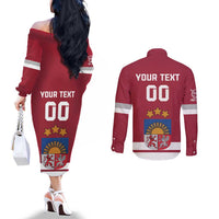 Custom Latvia Hockey Couples Matching Off The Shoulder Long Sleeve Dress and Long Sleeve Button Shirt Latvijas Go Champions