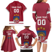 Custom Latvia Hockey Family Matching Long Sleeve Bodycon Dress and Hawaiian Shirt Latvijas Go Champions