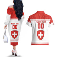 Custom Switzerland Hockey Couples Matching Off The Shoulder Long Sleeve Dress and Hawaiian Shirt Come On La Nati