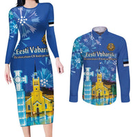 Personalized Estonian Restoration of Independence Couples Matching Long Sleeve Bodycon Dress and Long Sleeve Button Shirt Freedom Square Tallinn Capital