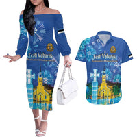 Personalized Estonian Restoration of Independence Couples Matching Off The Shoulder Long Sleeve Dress and Hawaiian Shirt Freedom Square Tallinn Capital